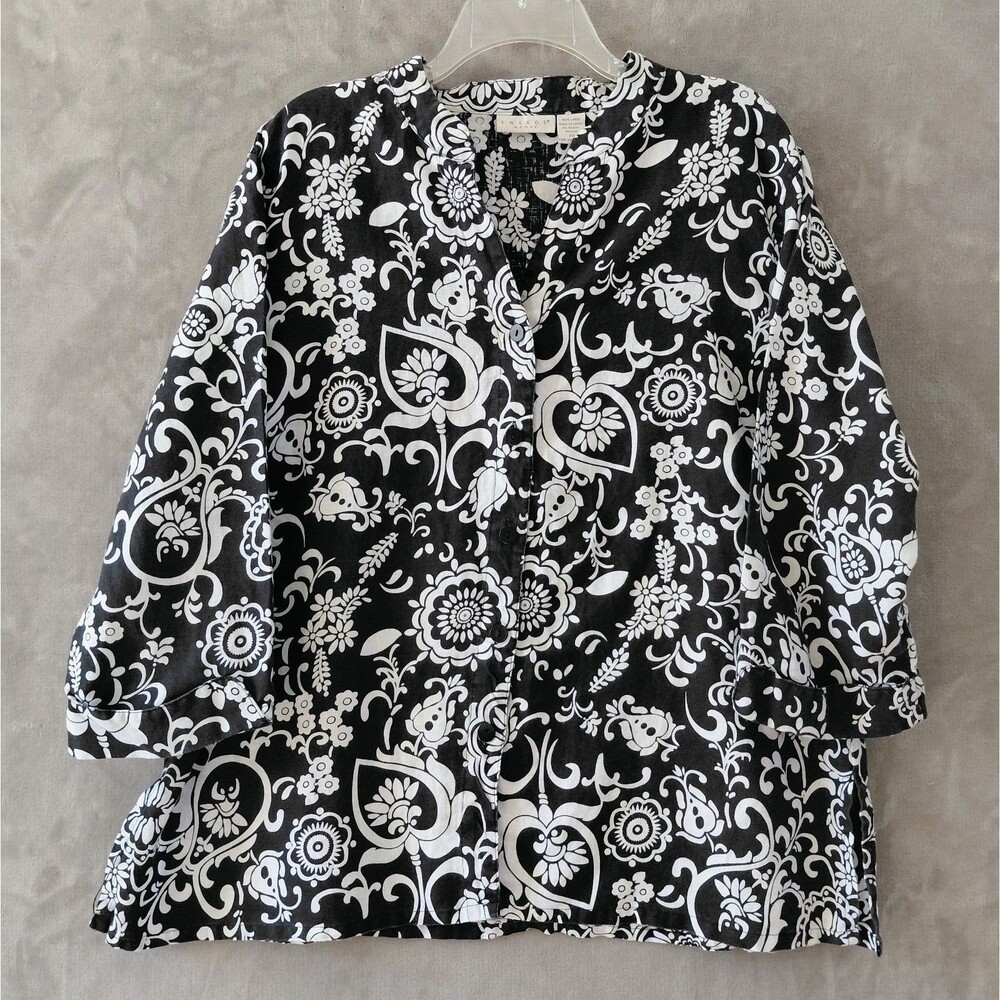 Tweeds Woman 100% Linen Button Up Shirt Size 2X Floral Tunic Vintage Artsy